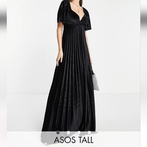 Asos design Tall twist back empire waist velvet pleated maxi dress in Black
